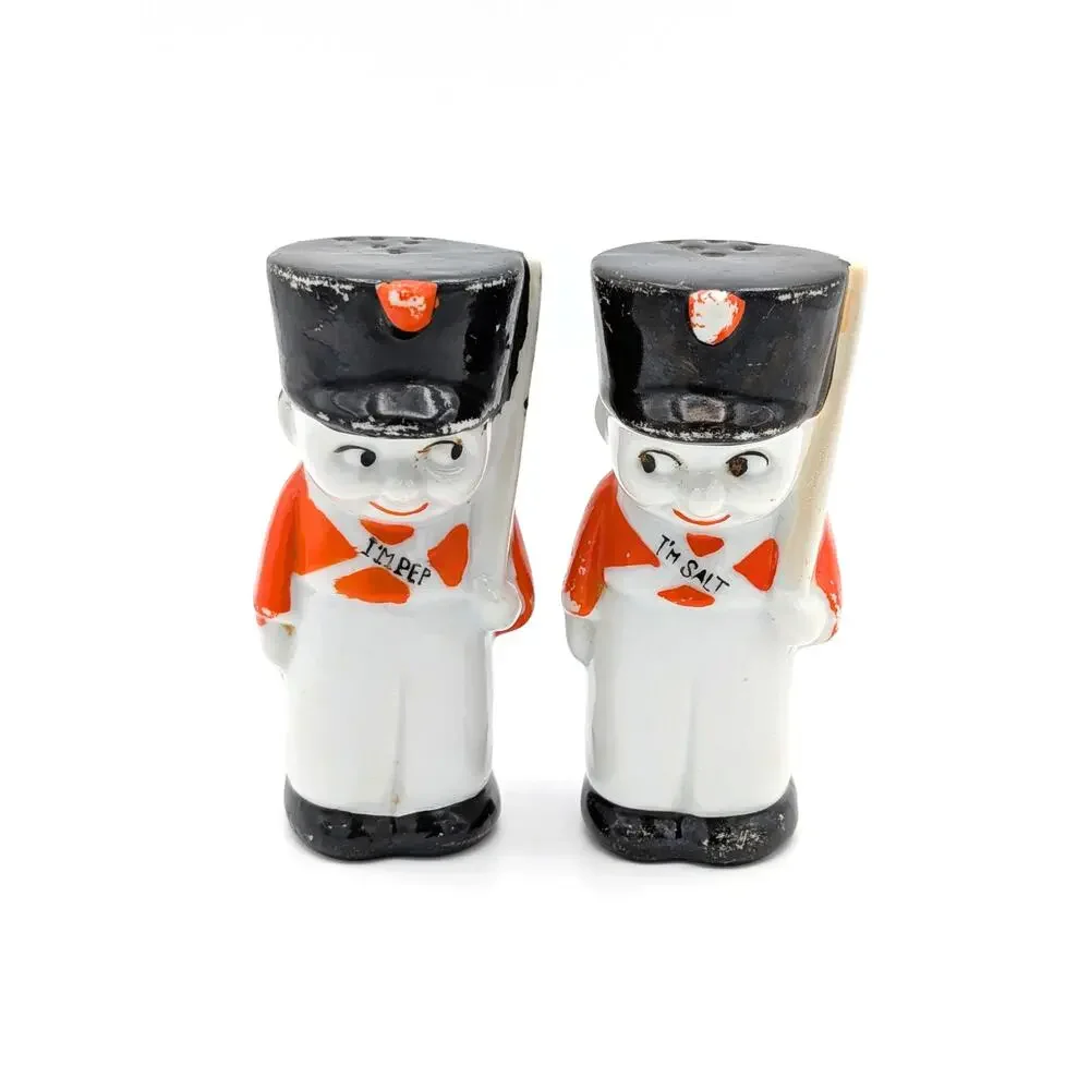 Vintage Japanese Toy Soldier Salt Pepper Shakers Porcelain Novelty Retro Kitsch